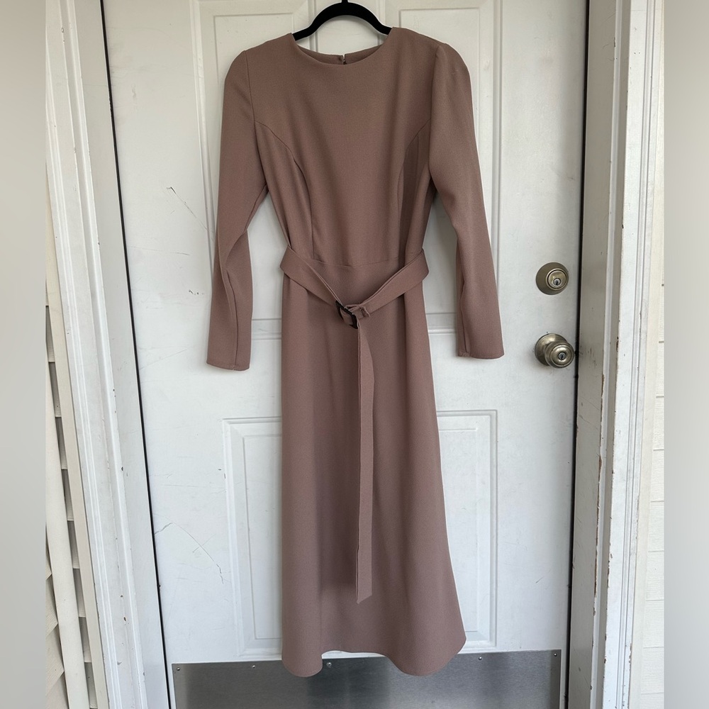 Elegant Taupe Long-Sleeve Belted Midi Dress